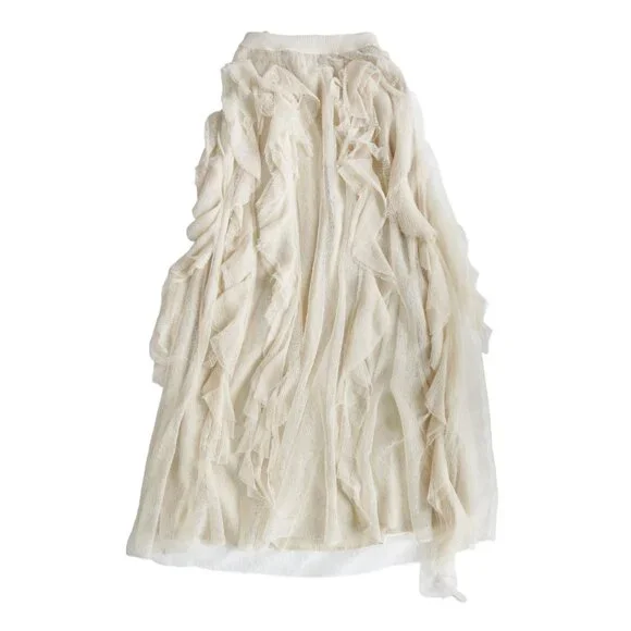 CHRISTIAN DIOR Beige Silk Tulle Ruffled Asymmetric Midi A-Line Sheer Skirt 36 - Picture 5 of 8